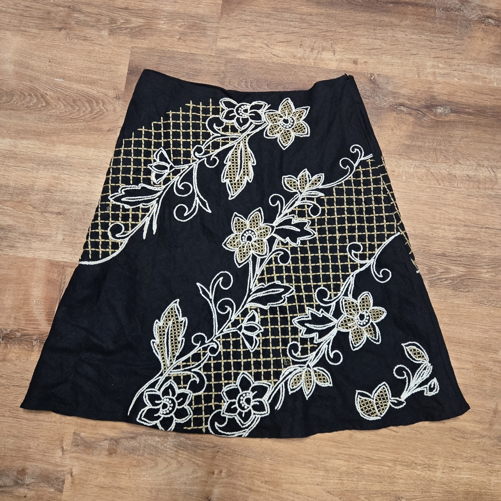 Autograph Black Skirt Gold Cream Embroidered Floral Design Linen Blend Size 12